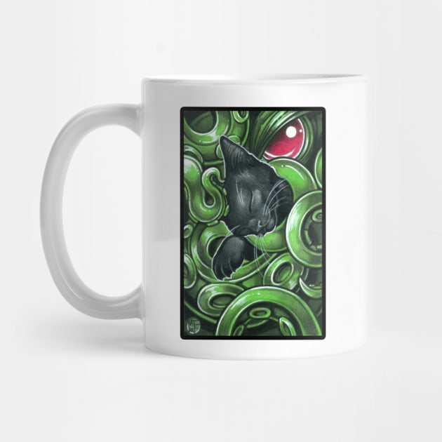 Cthulhu And Black Cat Friend - Black Outlined Version by Nat Ewert Art